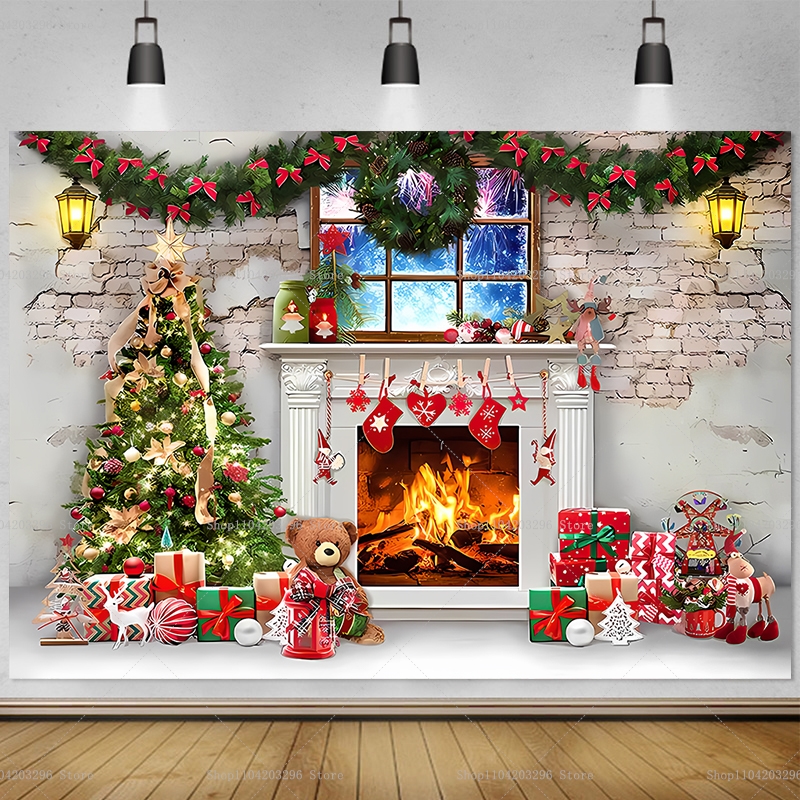Winter Clothing Photo - Christmas Tree Party Backdrop Fireplace Window