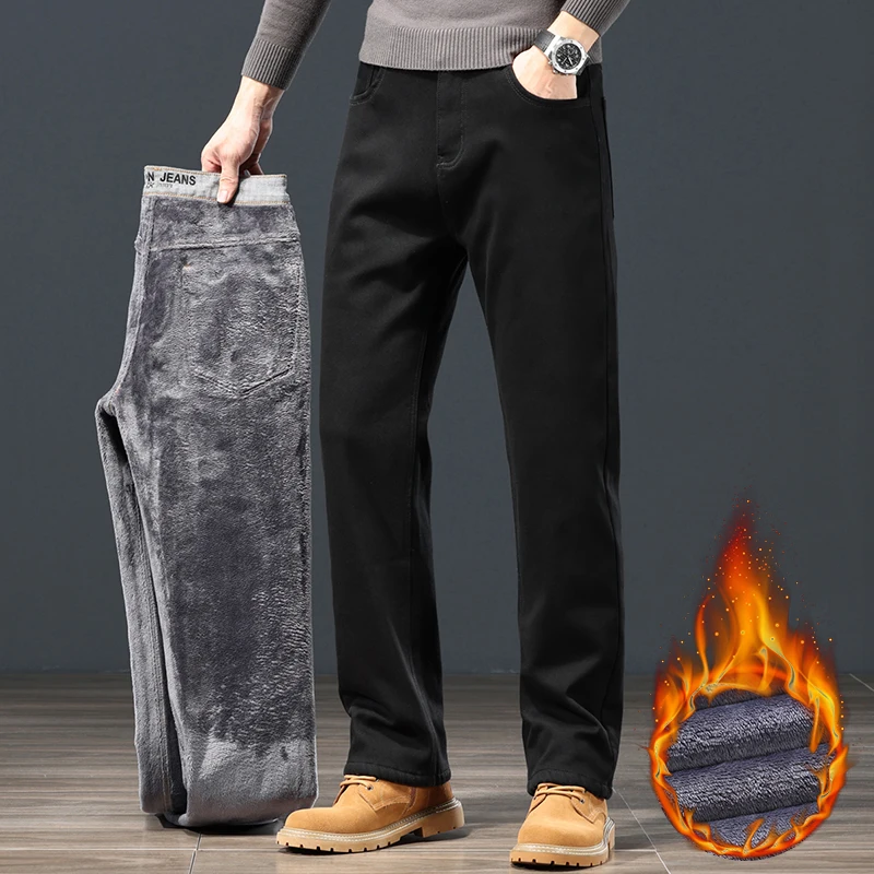 Winter Clothing Pants - Winter Men's Fleece Warm Jeans Classic