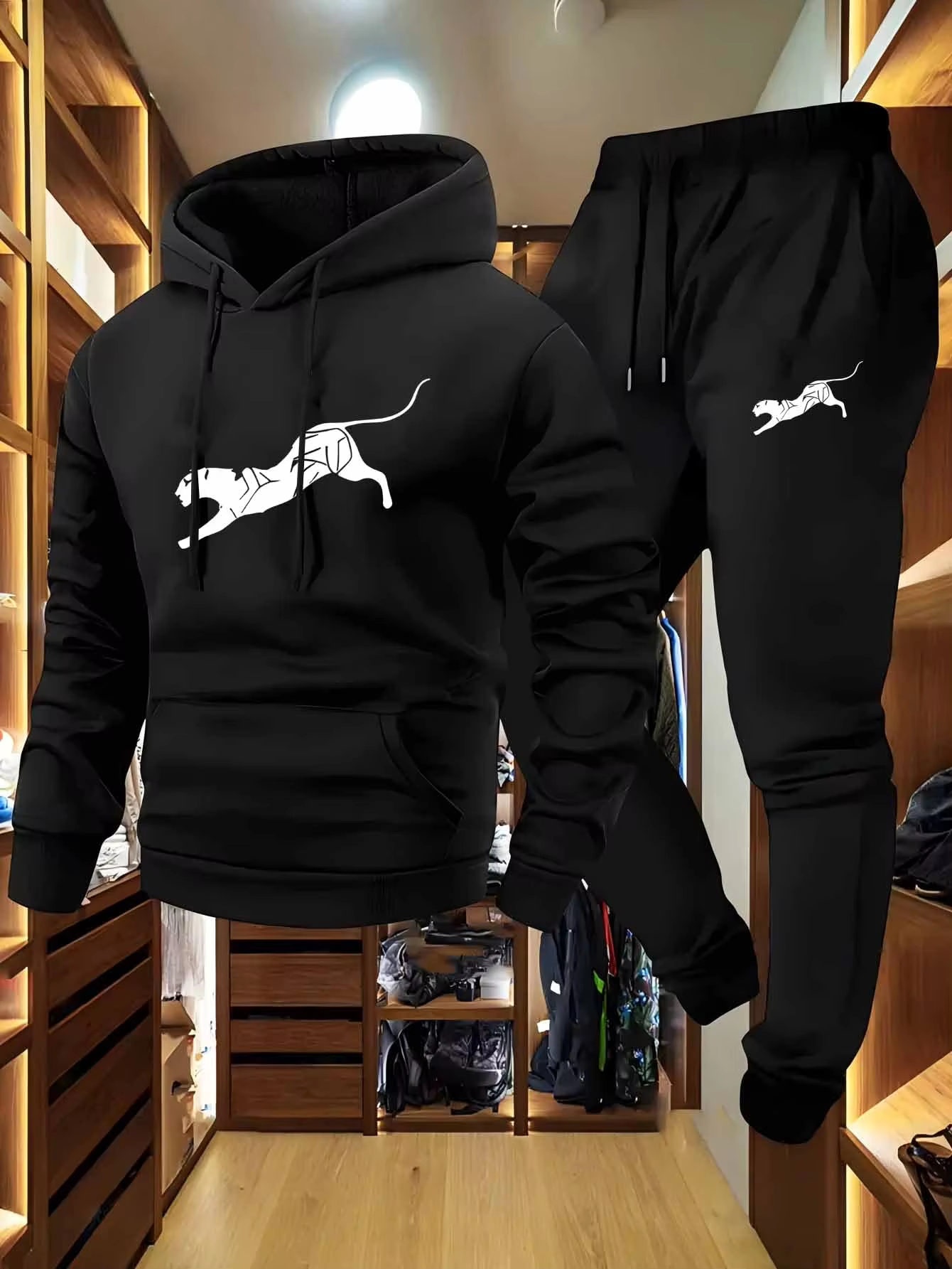 Men 2Pcs Tracksuit Leopard Ani - Winter Clothing Pants review and price