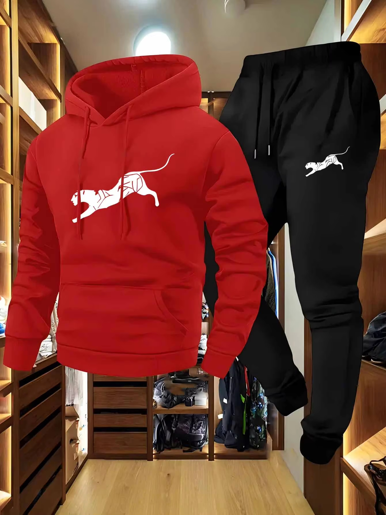 Men 2Pcs Tracksuit Leopard Ani - Winter Clothing Pants review and price