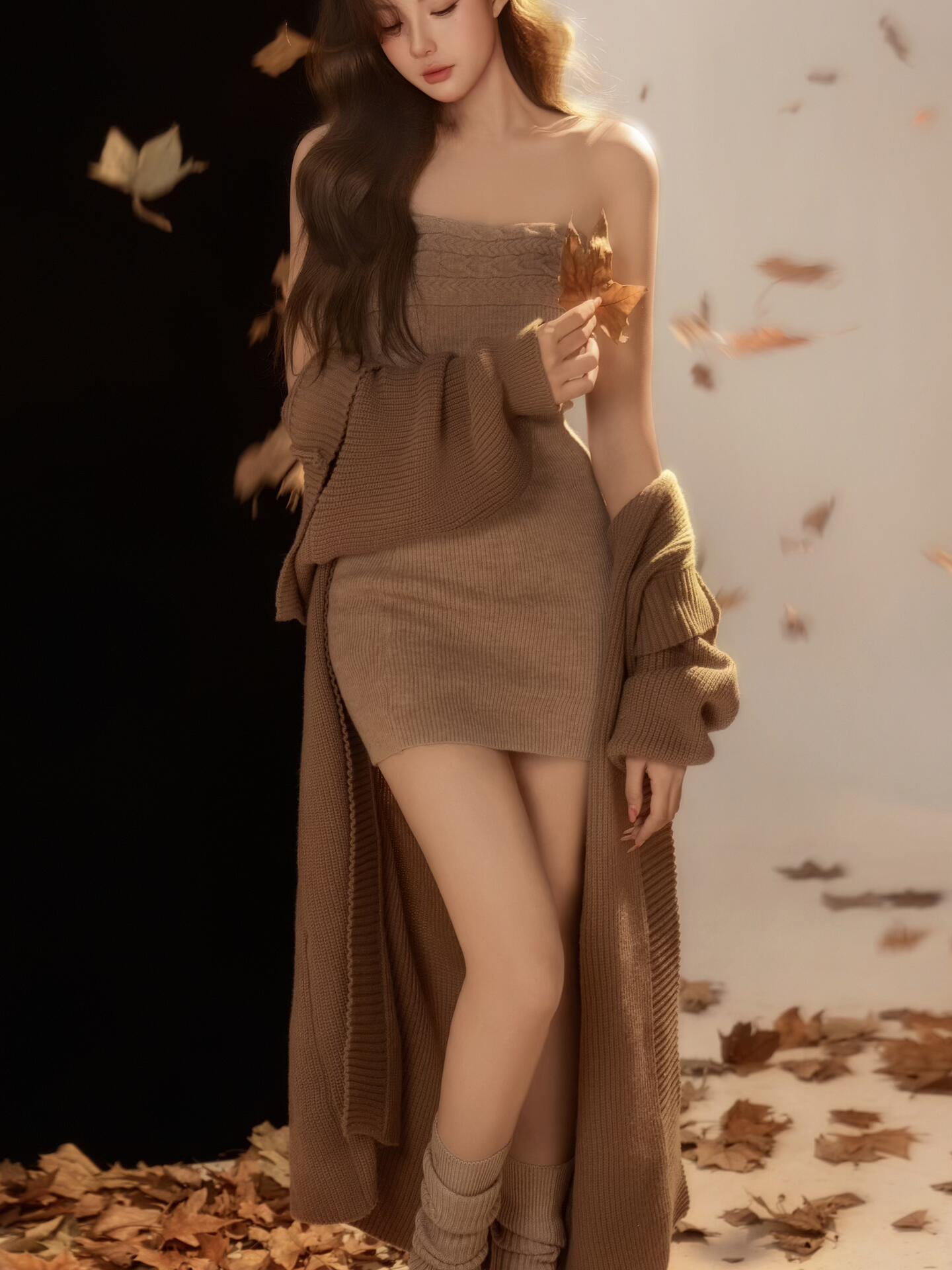 Autumn Winter Brown Knitted St - Winter Clothing Photo review and price